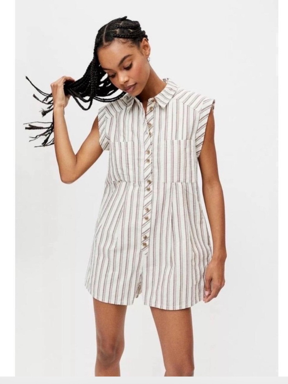 Urban Outfitters Striped Sleeveless Button Romper in Cream & Brown